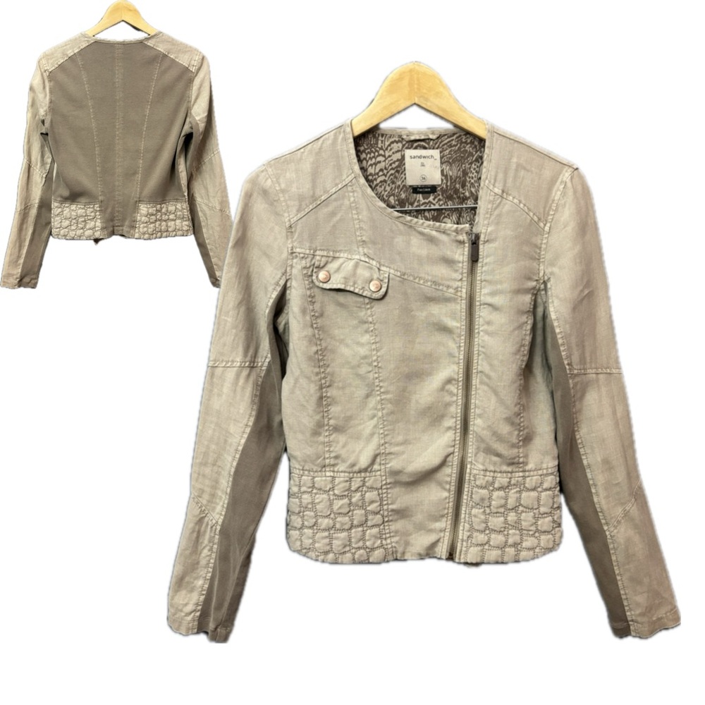 Sandwich Linen Tan Moto-inspired Light weight Chic Jacket Blazer Women Size 36